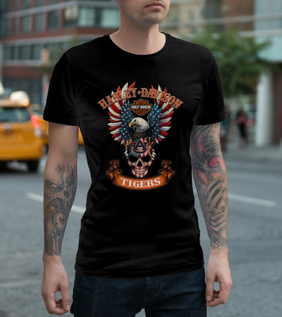 Harley Davidson Motor Cycles Auburn Tigers Bald Eagle Skull Usa Flag T-Shirt