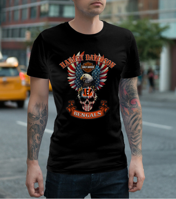 Harley Davidson Motor Cycles Eagle Bengals Nfl Skull T-Shirt