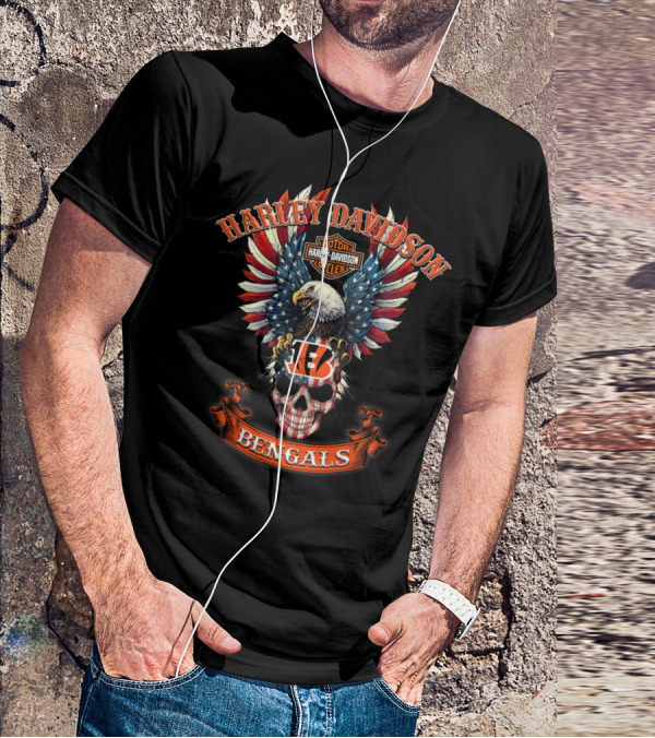 Harley Davidson Motor Cycles Eagle Bengals Nfl Skull T-Shirt
