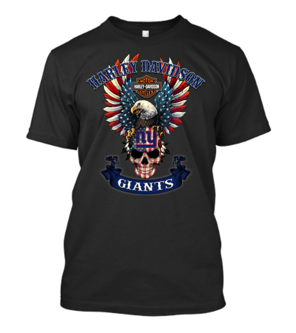 Harley Davidson Motor Cycles Ny Giants Eagle Skull Flag T-Shirt