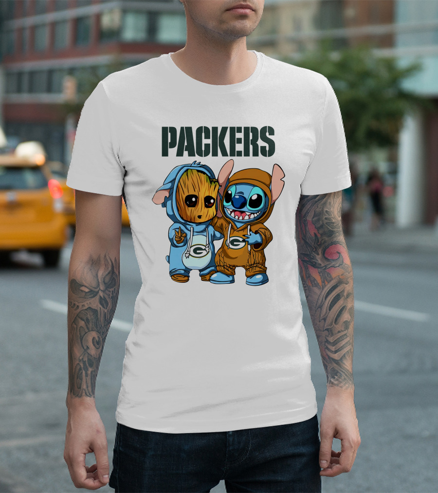 Packers Groot And Stitch Hug Wearing Green Bay Packers Hoodies T-Shirt