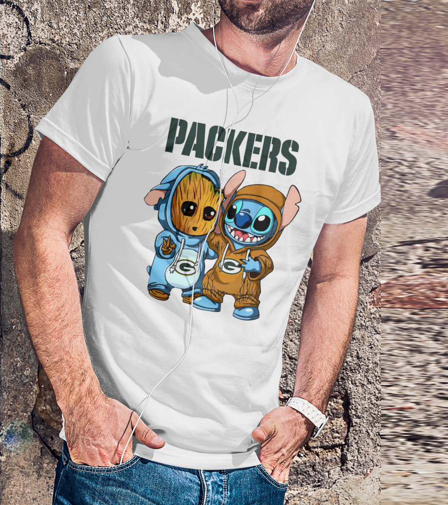 Packers Groot And Stitch Hug Wearing Green Bay Packers Hoodies T-Shirt