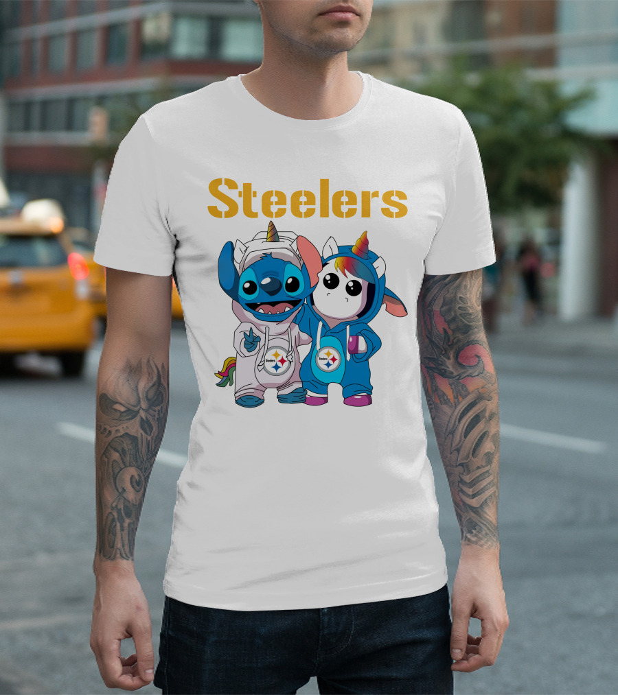 Steelers Stitch and Unicorn Duo with Rainbow Horns T-Shirt