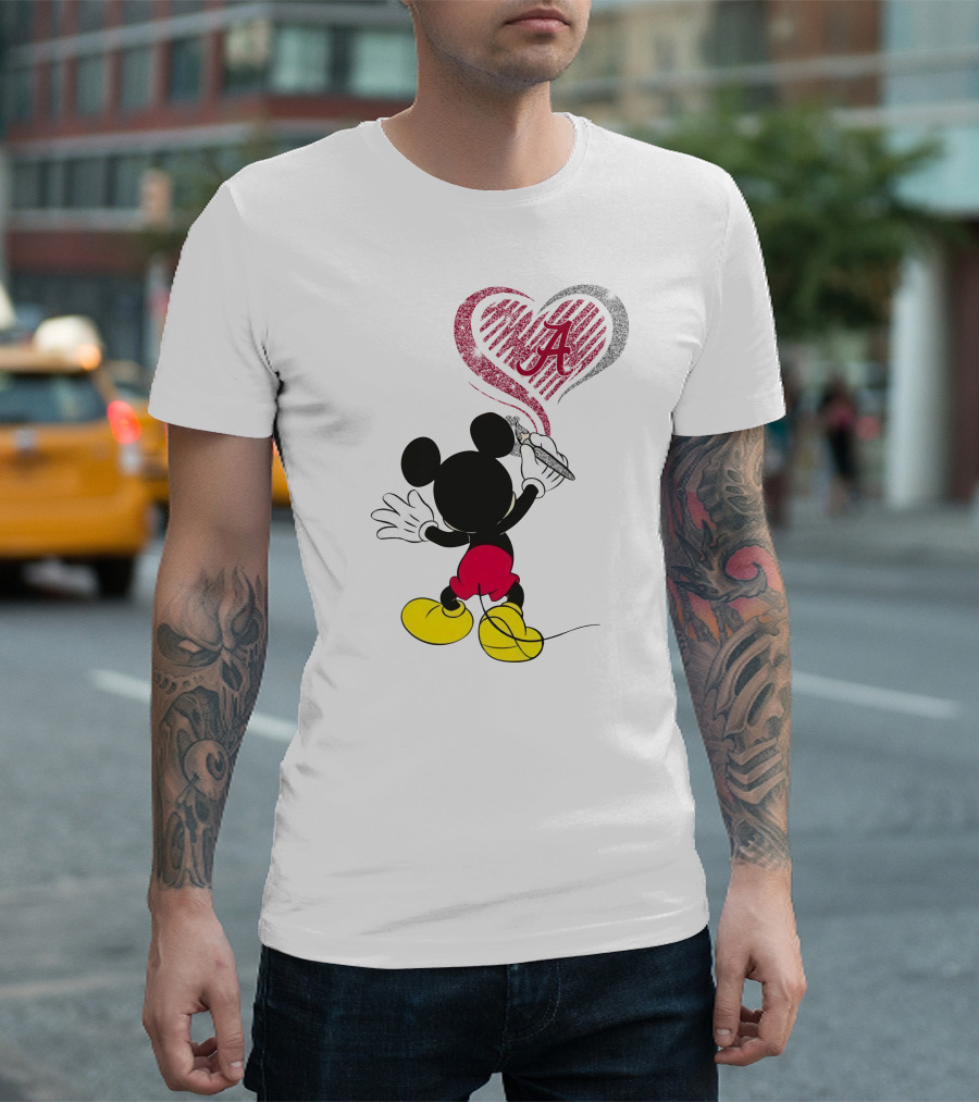 Mickey Mouse Drawing Alabama Crimson Tide Heart T-Shirt