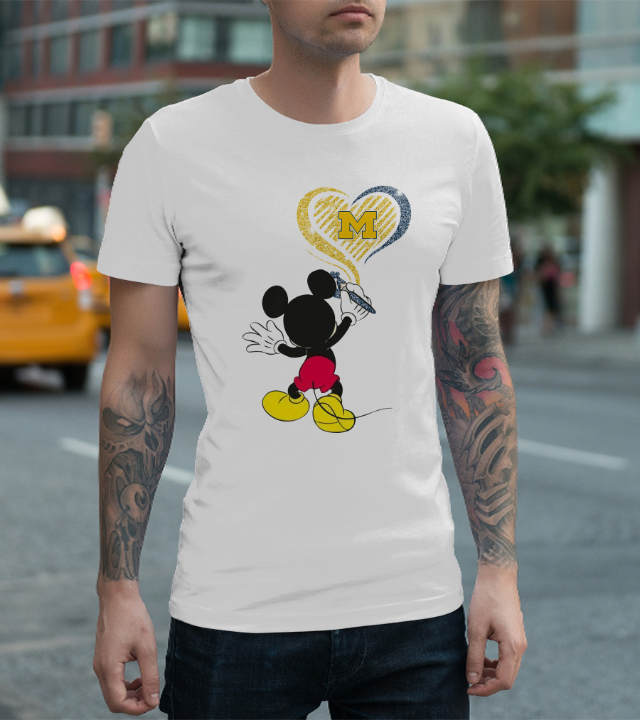 Michigan Wolverines M In Yellow And Blue Heart With Disney Mickey Character T-Shirt