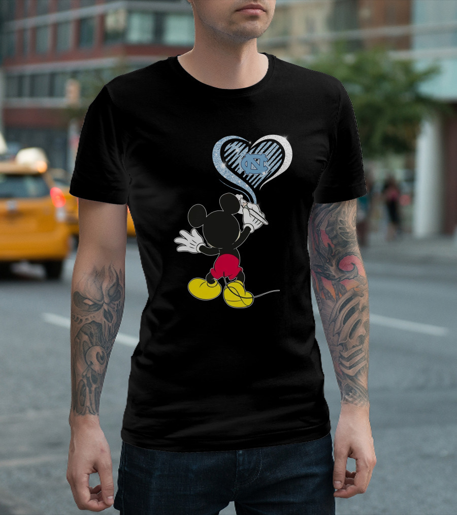 Mickey Mouse Drawing North Carolina Tar Heels In Heart Shape T-Shirt