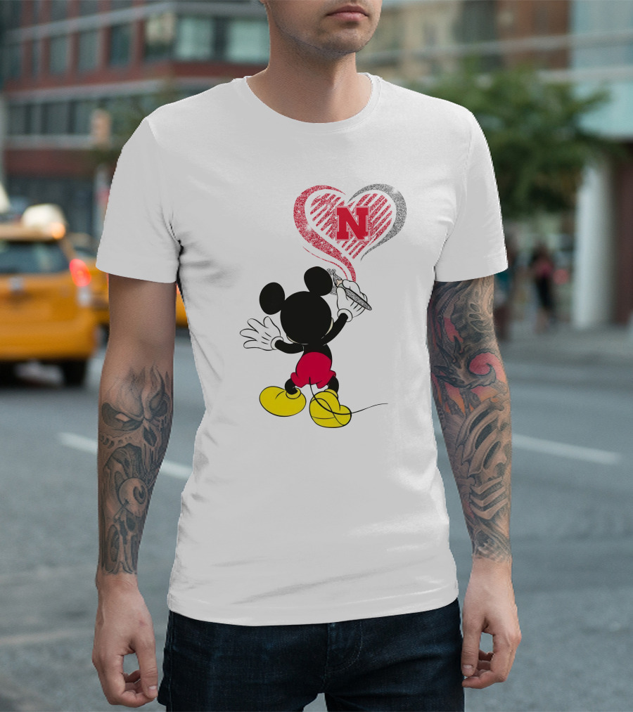 Mickey Mouse Nebraska Cornhuskers Heart Drawing T-Shirt