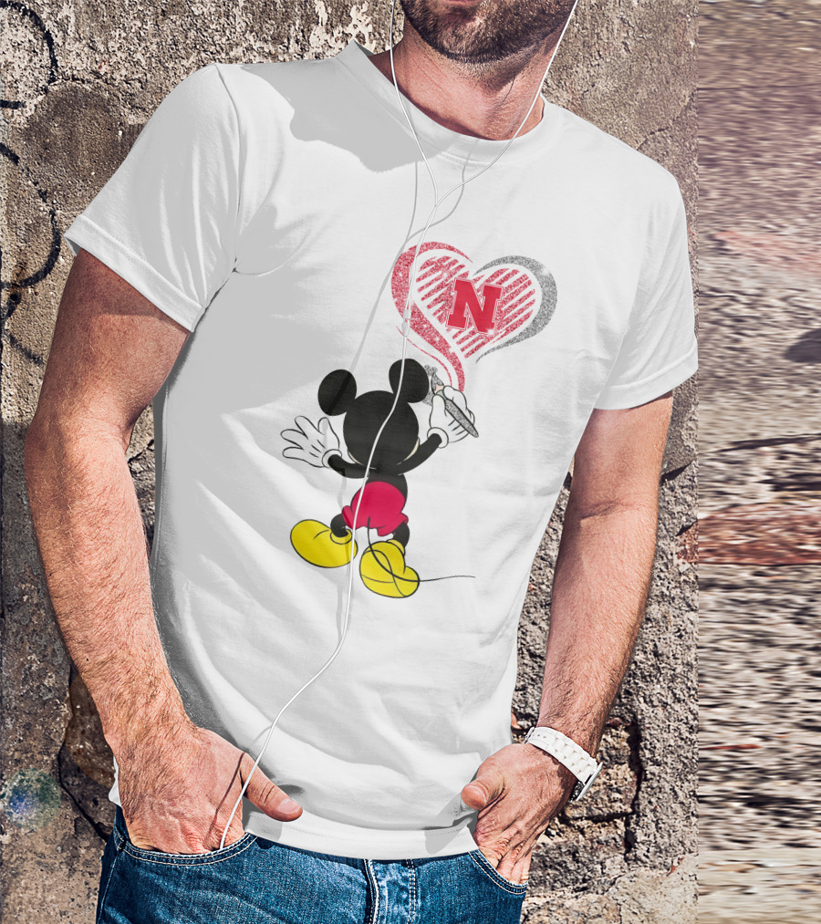 Mickey Mouse Nebraska Cornhuskers Heart Drawing T-Shirt
