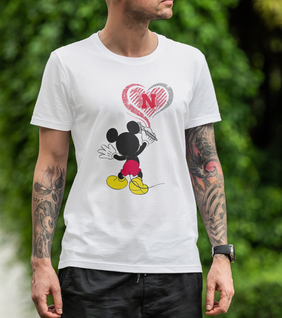 Mickey Mouse Nebraska Cornhuskers Heart Drawing T-Shirt