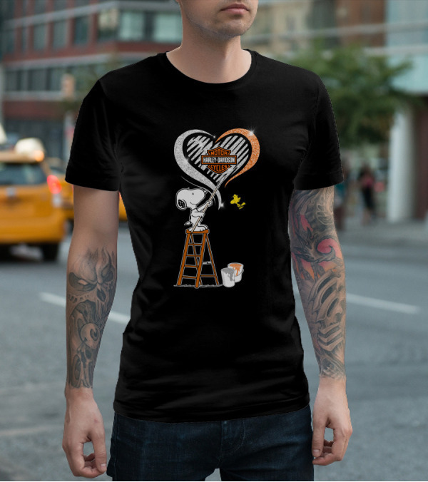 Snoopy Painting Harley Davidson Motorcycles Heart With Woodstock T-Shirt