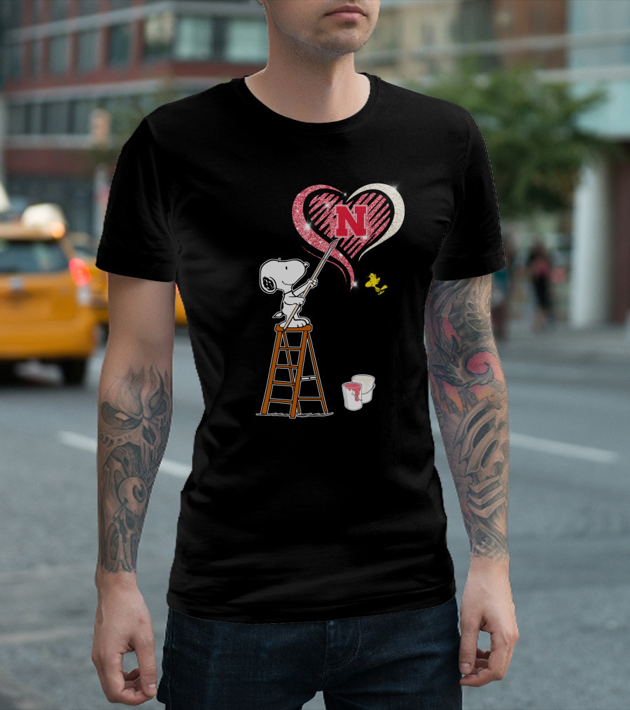 Snoopy Nebraska Huskers Heart Painting Woodstock Collaboration T-Shirt