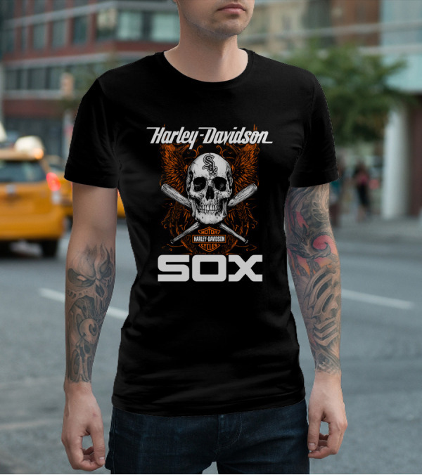 Harley Davidson Motor Cycles Chicago White Sox Skull And Crossed Bats T-Shirt