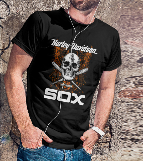 Harley Davidson Motor Cycles Chicago White Sox Skull And Crossed Bats T-Shirt