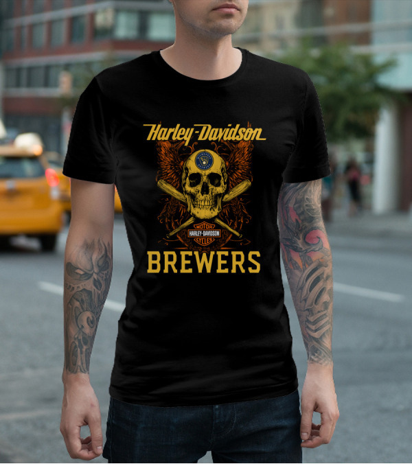 Harley Davidson Skull And Crossed Bats Milwaukee Brewers Motor Cycles T-Shirt