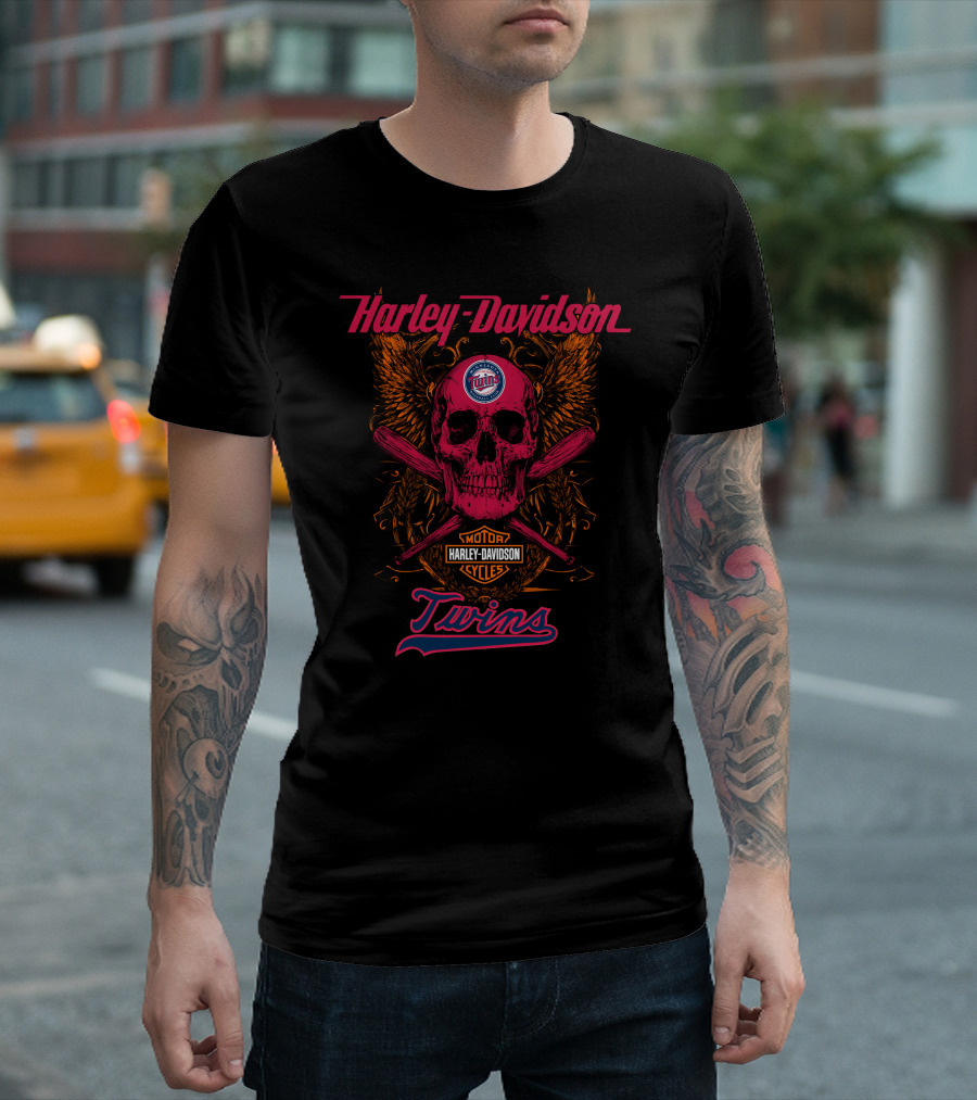 Harley Davidson Twins Skull With Minnesota Logo And Bats T-Shirt