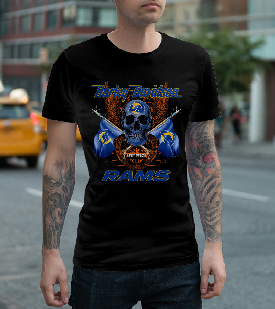 Harley Davidson Los Angeles Rams Motorcycle Cycles Skull Flags T-Shirt