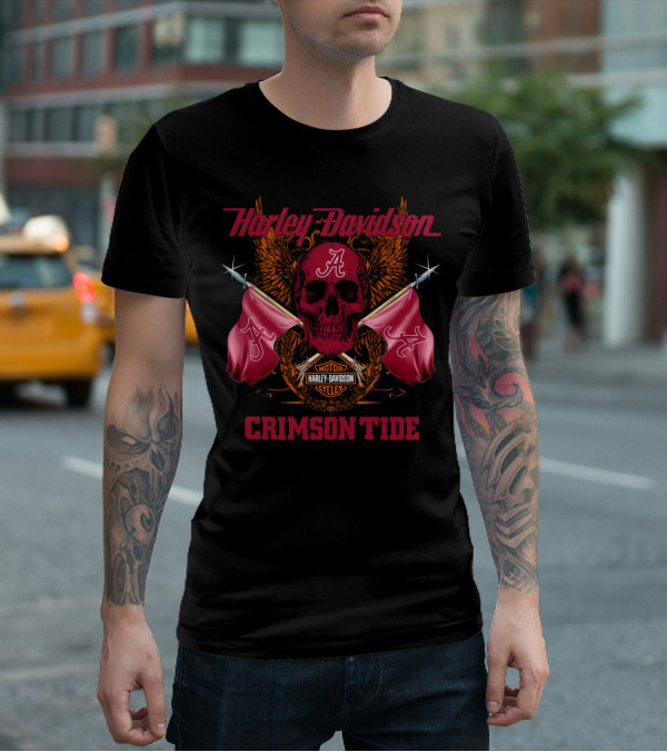 Crimson Tide Harley Davidson Skull And Flags T-Shirt