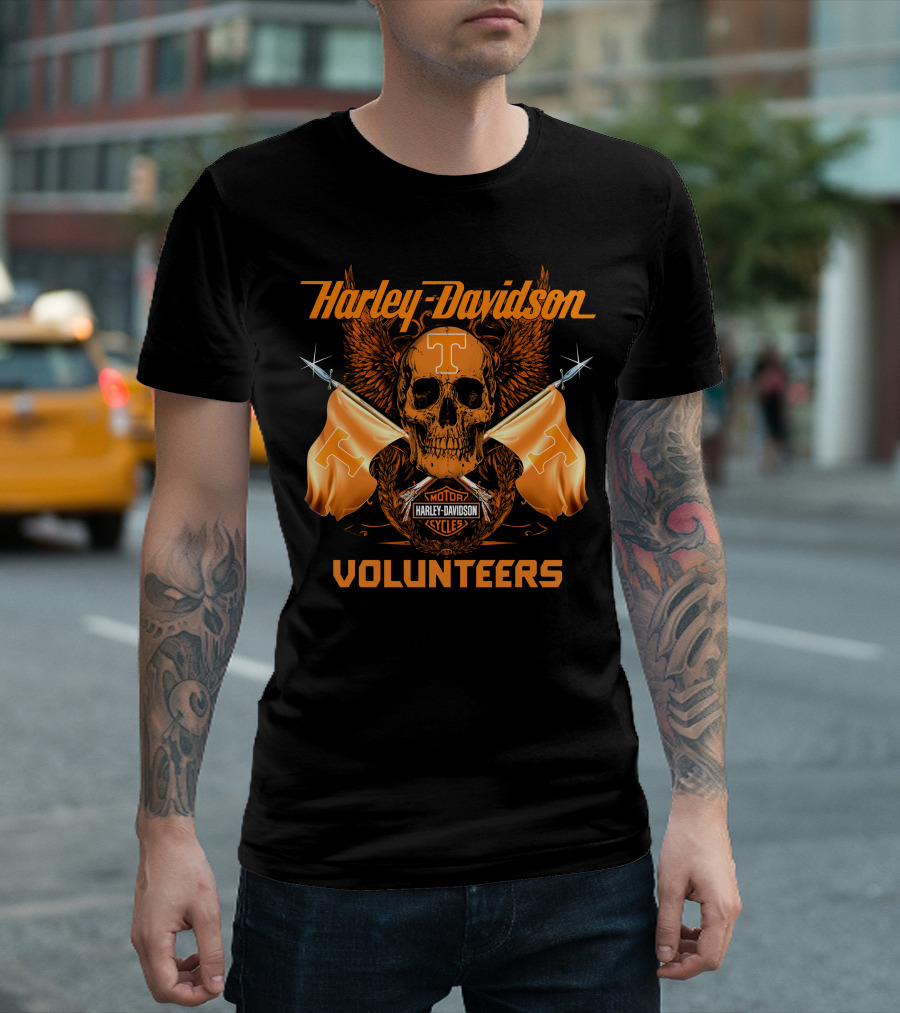 Harley Davidson Volunteers Skull Orange Flags Winged T-Shirt