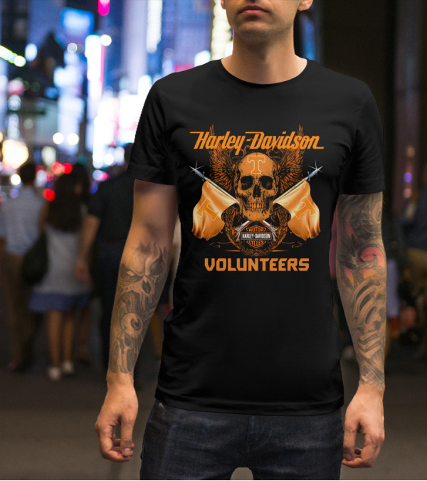 Harley Davidson Volunteers Skull Orange Flags Winged T-Shirt