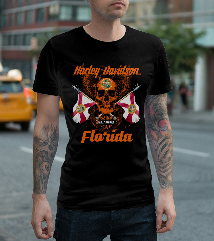 Harley Davidson Florida Skull With Flags And Logo Motif T-Shirt