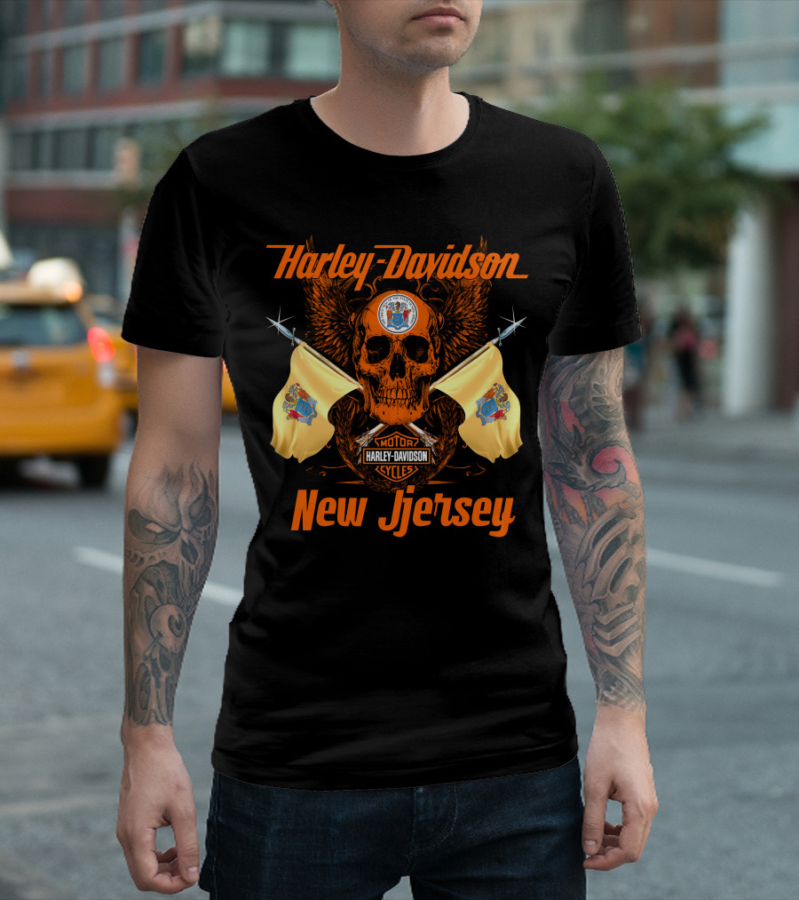 Harley Davidson New Jersey Skull Flags Motorcycle Cycles T-Shirt