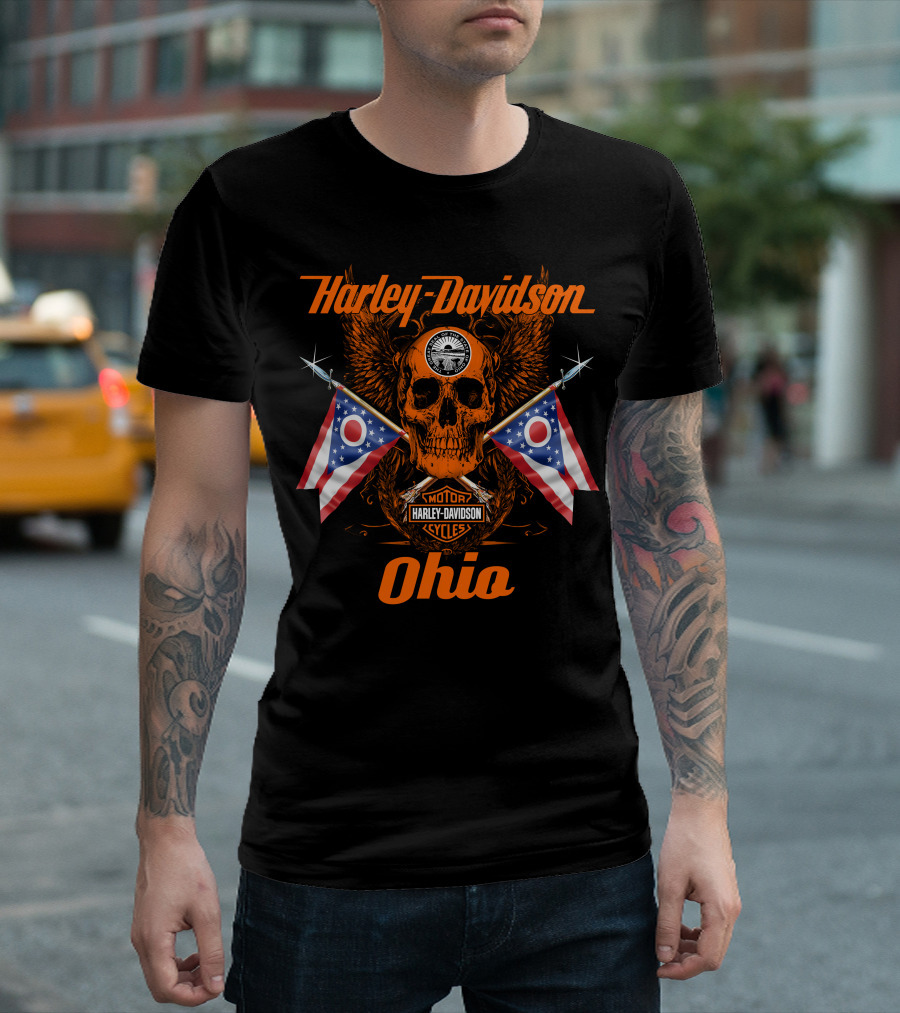 Harley Davidson Ohio Skull With Flags And Wings T-Shirt