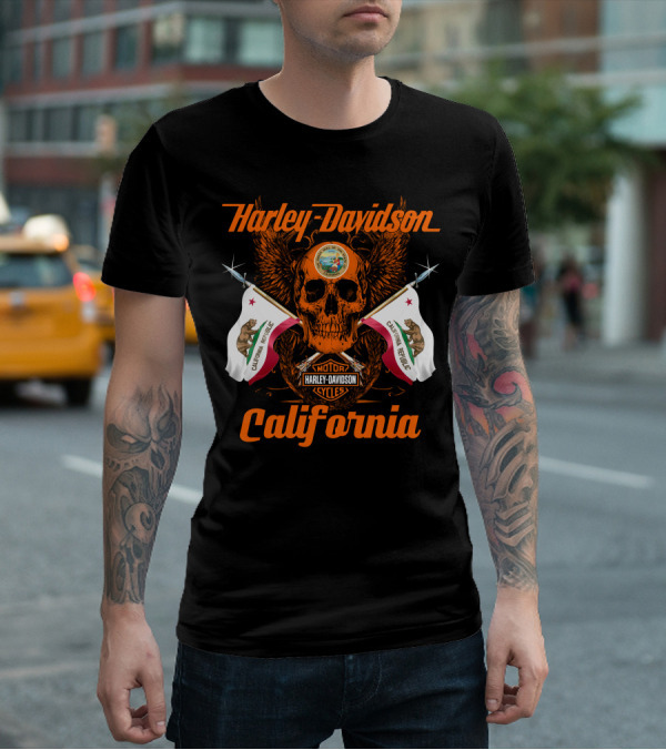 Harley Davidson California Republic Skull And Flags T-Shirt