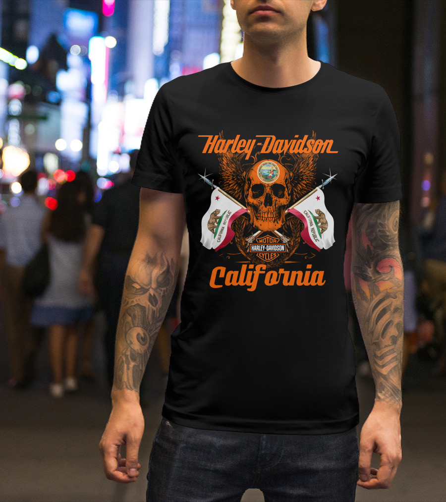 Harley Davidson California Republic Skull And Flags T-Shirt