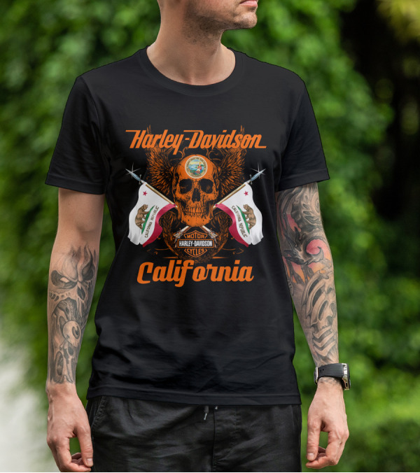 Harley Davidson California Republic Skull And Flags T-Shirt