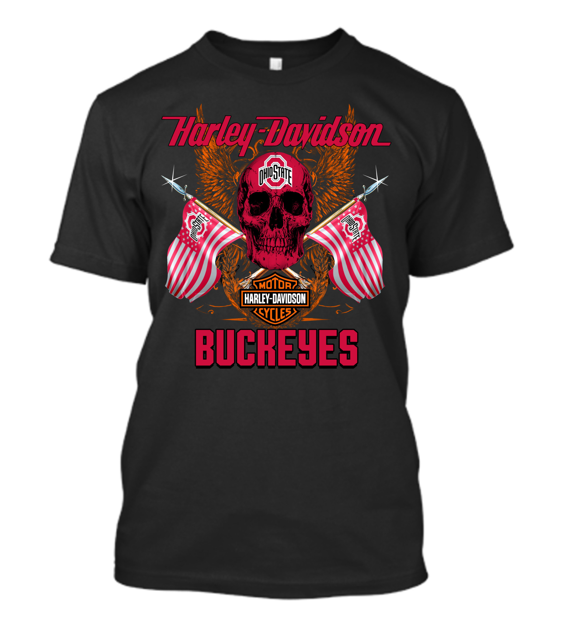 Harley Davidson Ohio State Buckeyes Motor Cycles Flags Skull T-Shirt