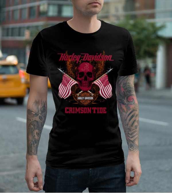 Harley Davidson Crimson Tide Skull Flags Alabama T-Shirt