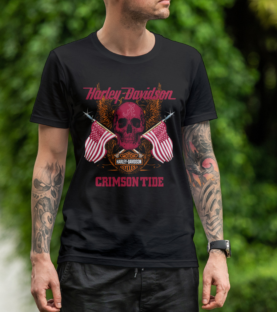 Harley Davidson Crimson Tide Skull Flags Alabama T-Shirt