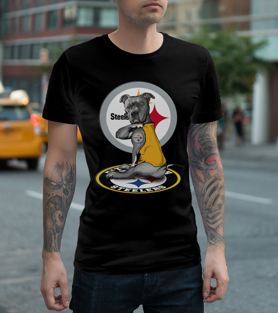 Pittsburgh Steelers Dog With Logo Tattoo And Yellow Vest T-Shirt