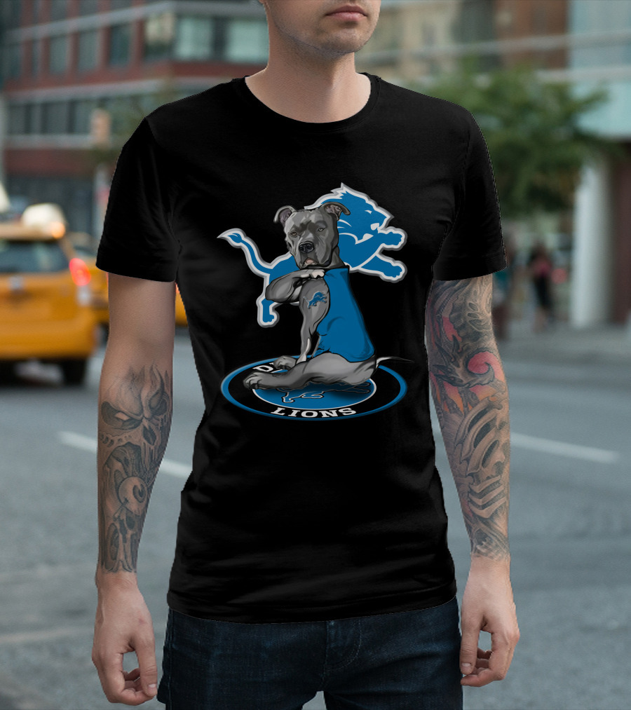 Detroit Lions Dog In Blue Jersey With Team T-Shirt