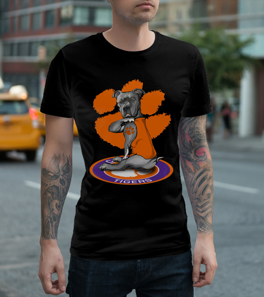 Clemson Tigers Dog With Paw Print Tattoo And Orange Vest T-Shirt