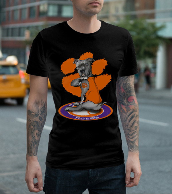 Clemson Tigers Dog With Paw Print Tattoo And Orange Vest T-Shirt