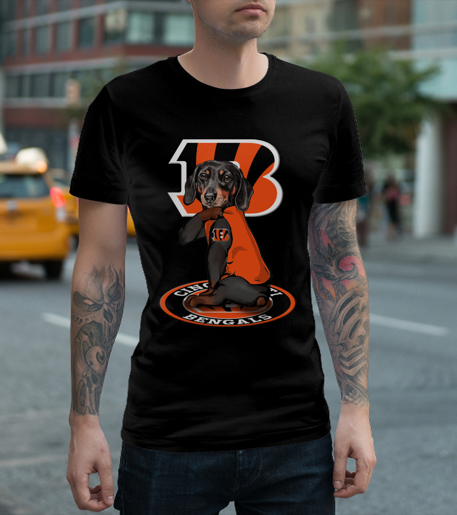 Cincinnati Bengals Dachshund In Team Jersey With Bengals T-Shirt