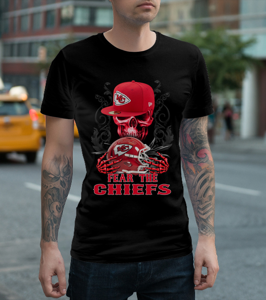 Fear The Chiefs Kansas City Chiefs Skull Helmet Cap T-Shirt