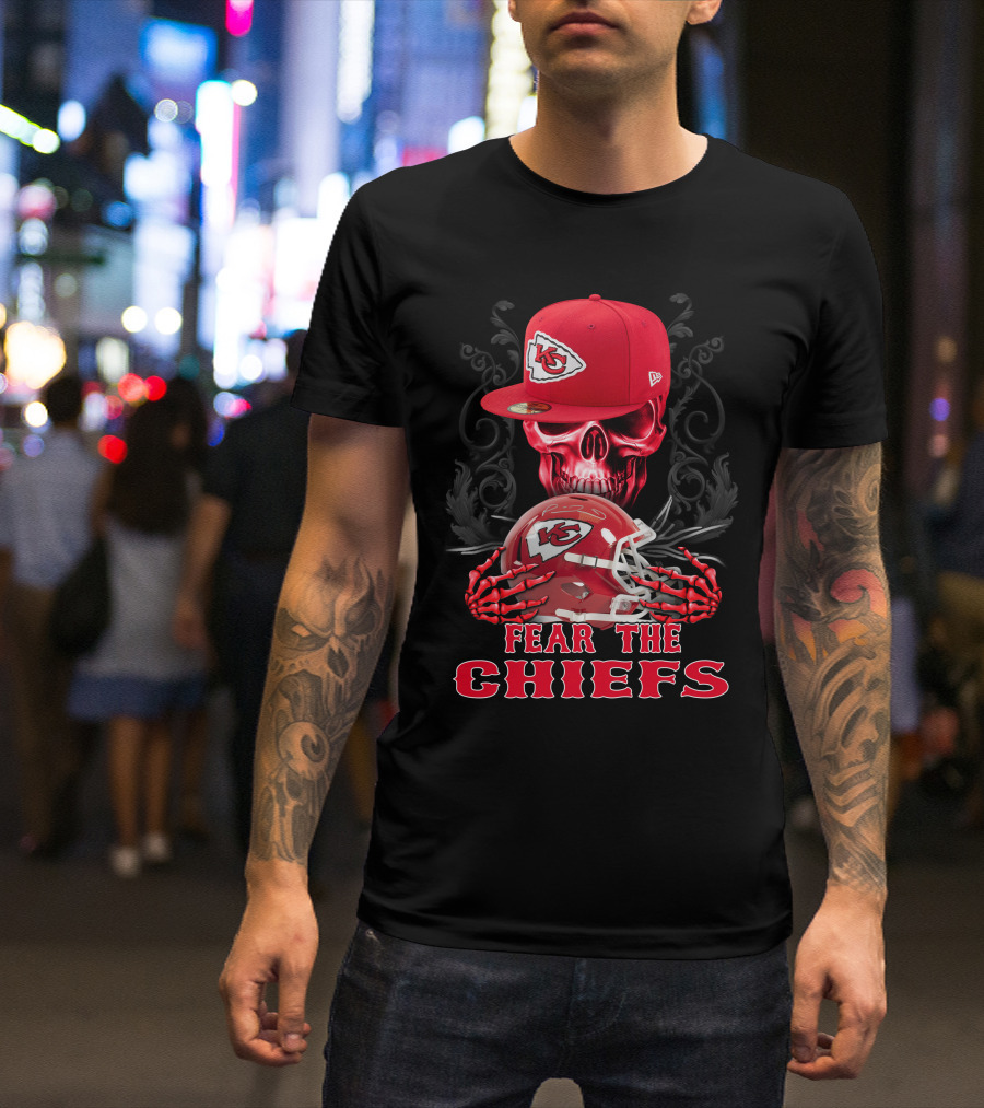 Fear The Chiefs Kansas City Chiefs Skull Helmet Cap T-Shirt