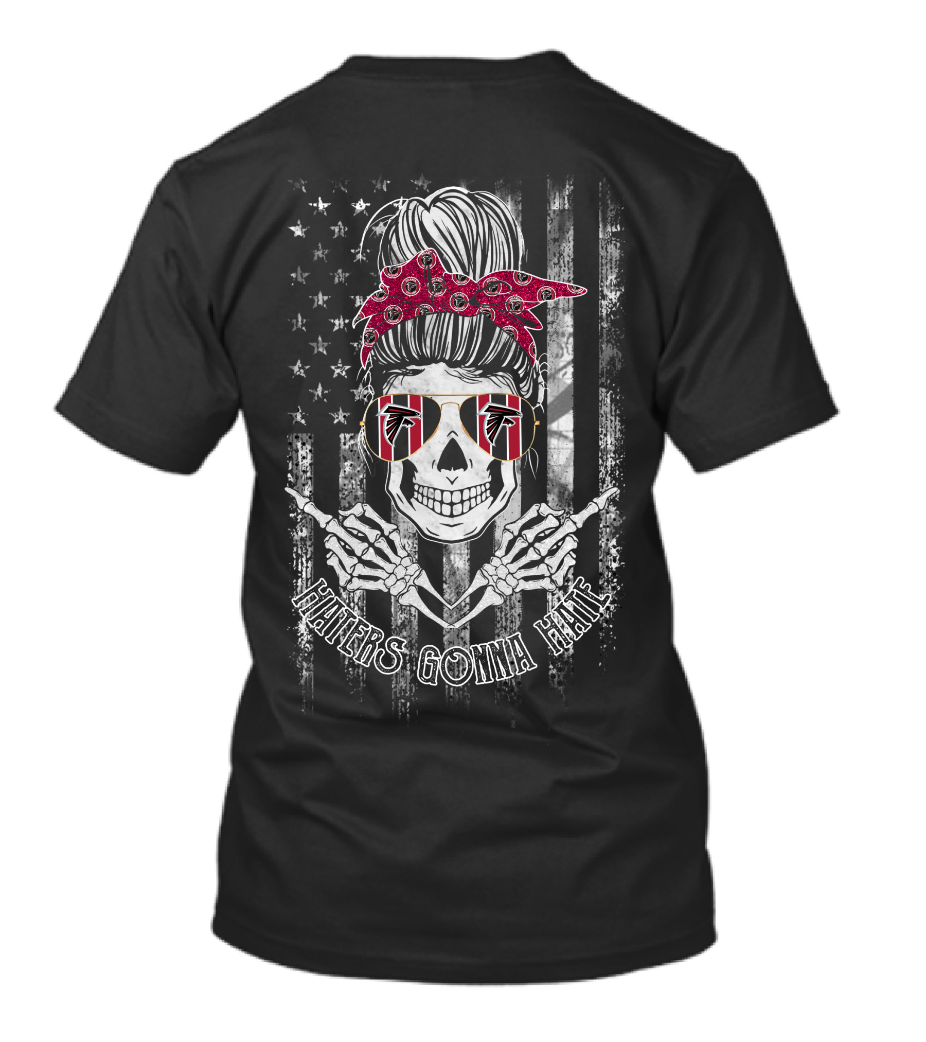Skull Wearing Atlanta Falcons Sunglasses With American Flag And Haters Gonna Hate T-Shirt