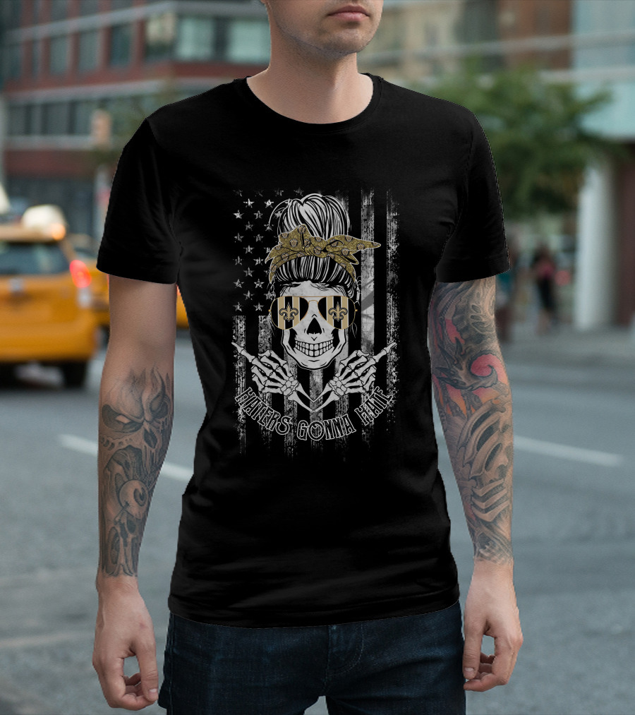 New Orleans Saints Skull Haters Gonna Hate Usa Flag Gold Bow Fleur-De-Lis Sunglasses T-Shirt