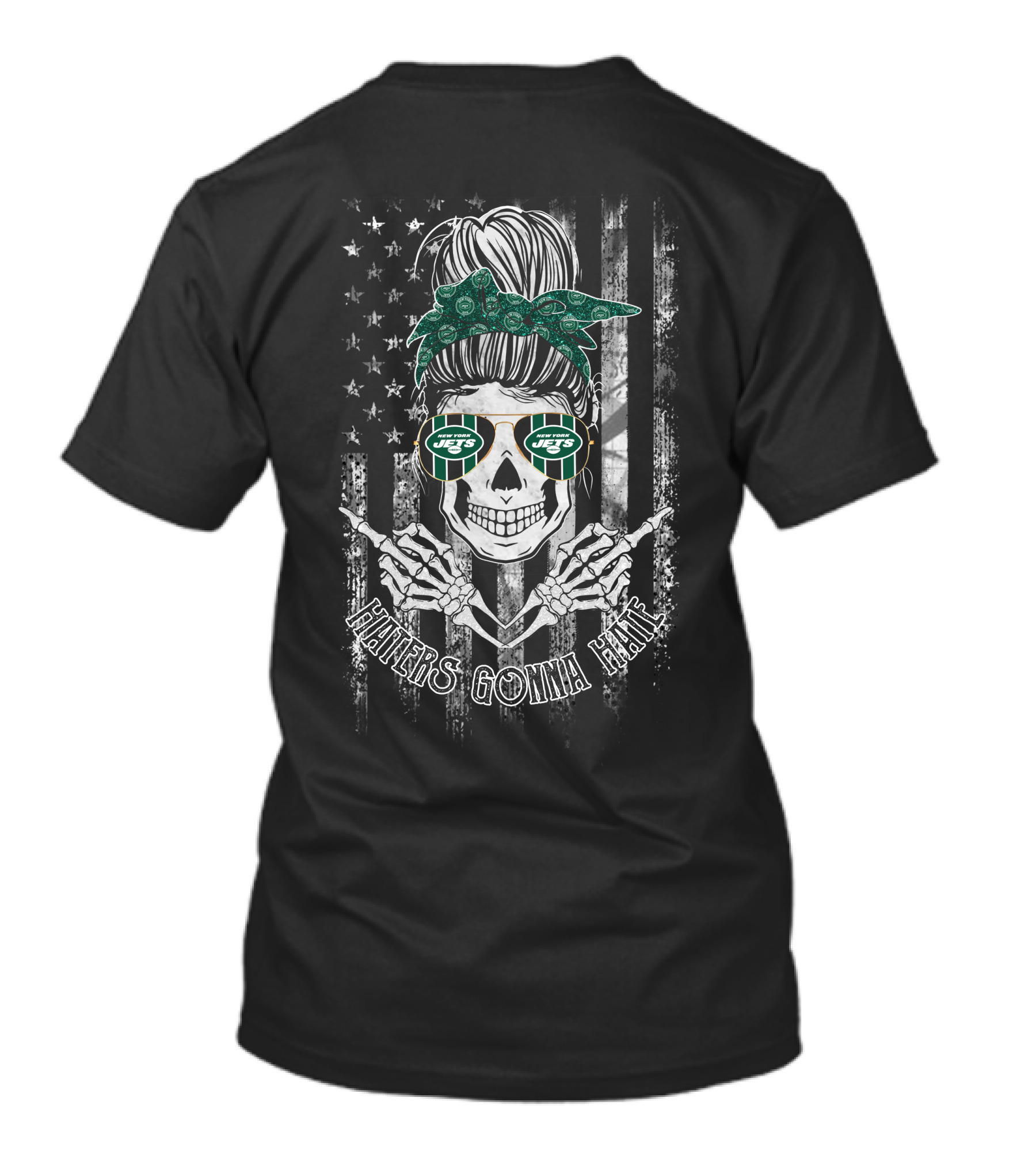 Haters Gonna Hate Skeleton With New York Jets Glasses And American Flag Bandana T-Shirt