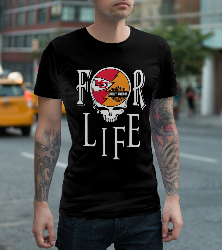 Kansas City Chiefs Harley Davidson Nfl For Life Skull T-Shirt