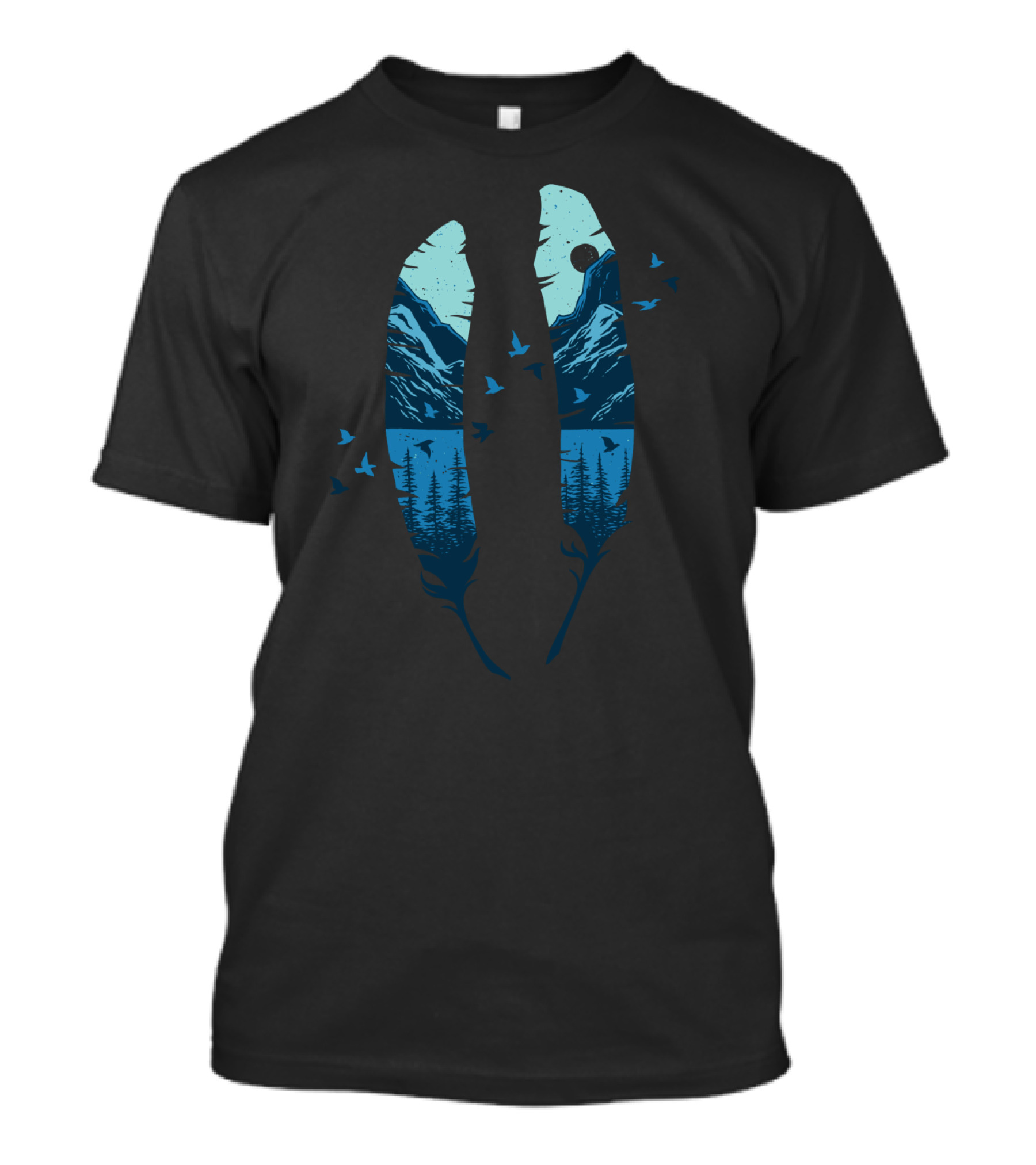 Feather Mountain Scenic Lake And Forest Landscape With Birds And Moon T-Shirt