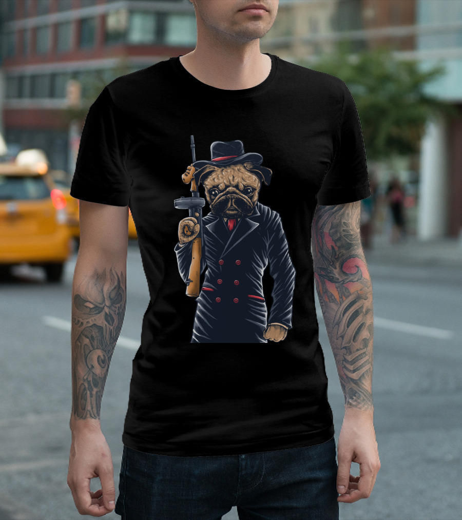 Pug Mafia Gangster in Suit with Tommy Gun and Hat T-Shirt
