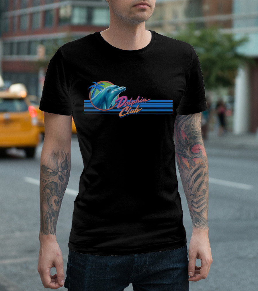 Dolphin Club Retro Design With Palm Tree And Stripes T-Shirt