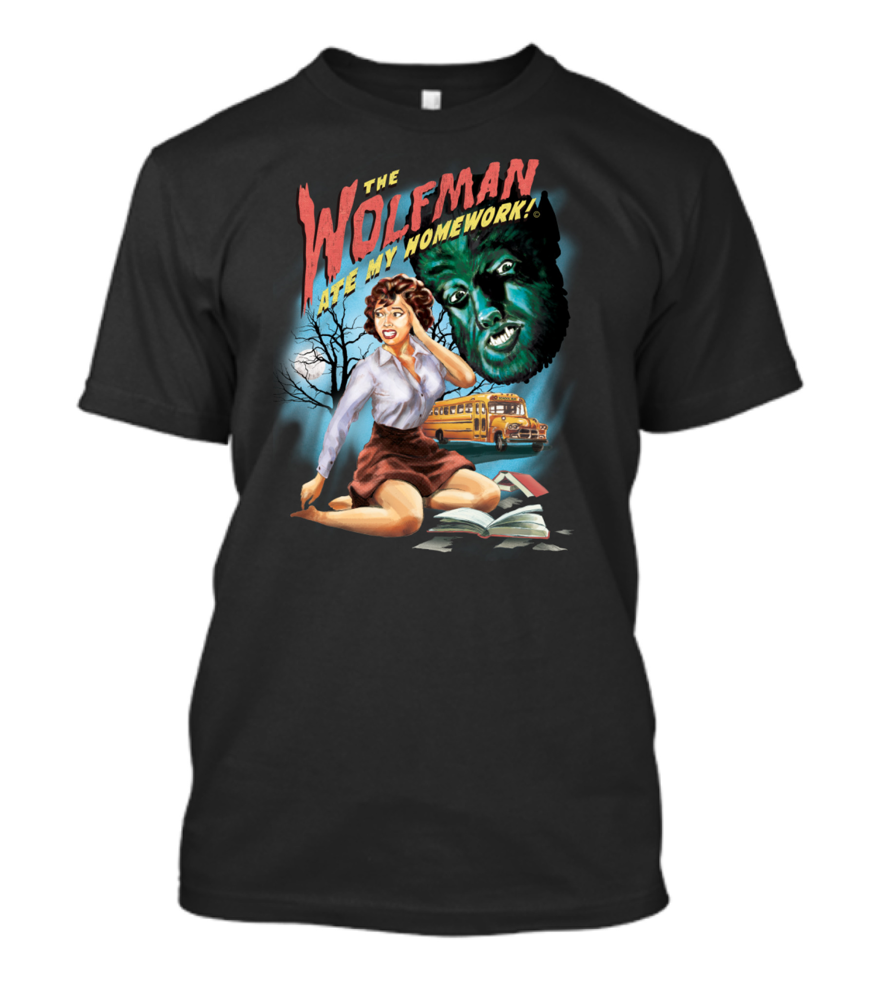 The Wolfman Ate My Homework Vintage Horror School Bus Scene T-Shirt