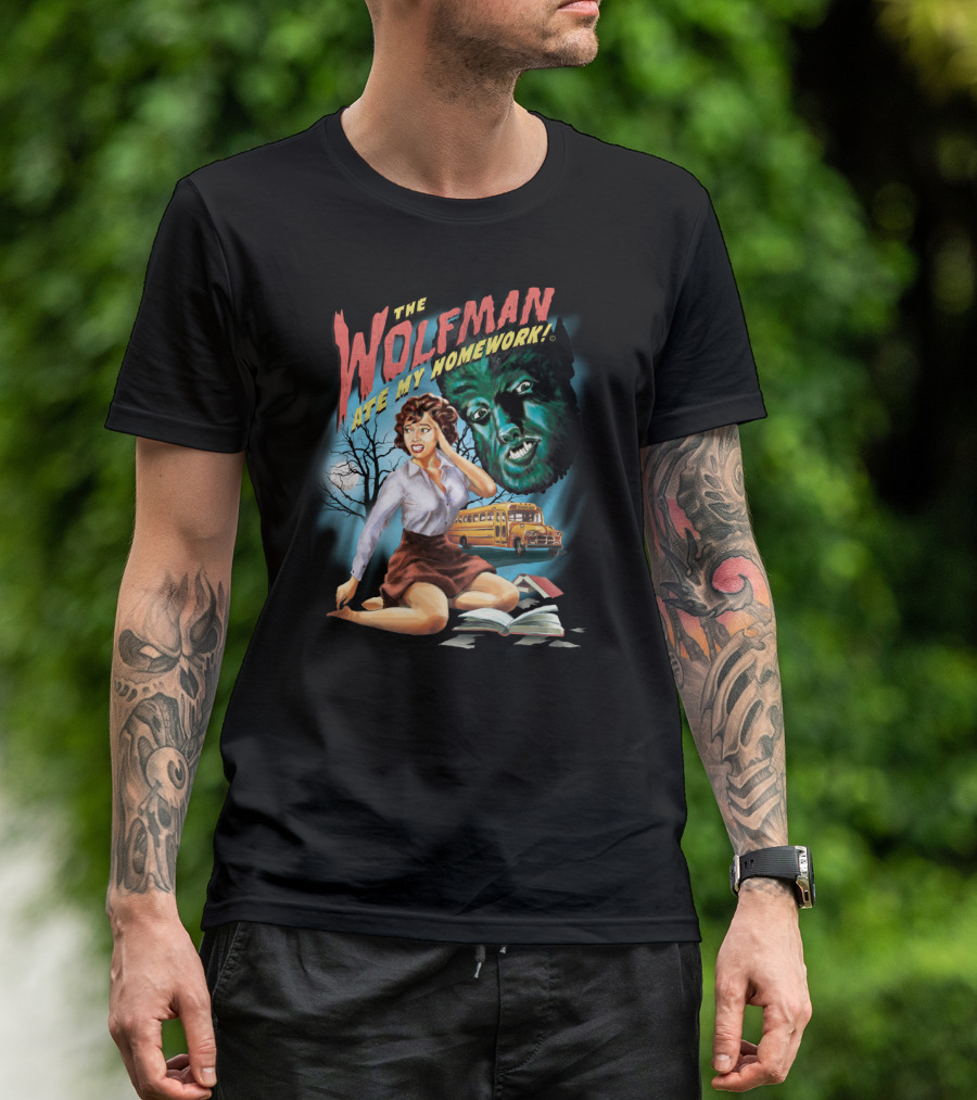The Wolfman Ate My Homework Vintage Horror School Bus Scene T-Shirt