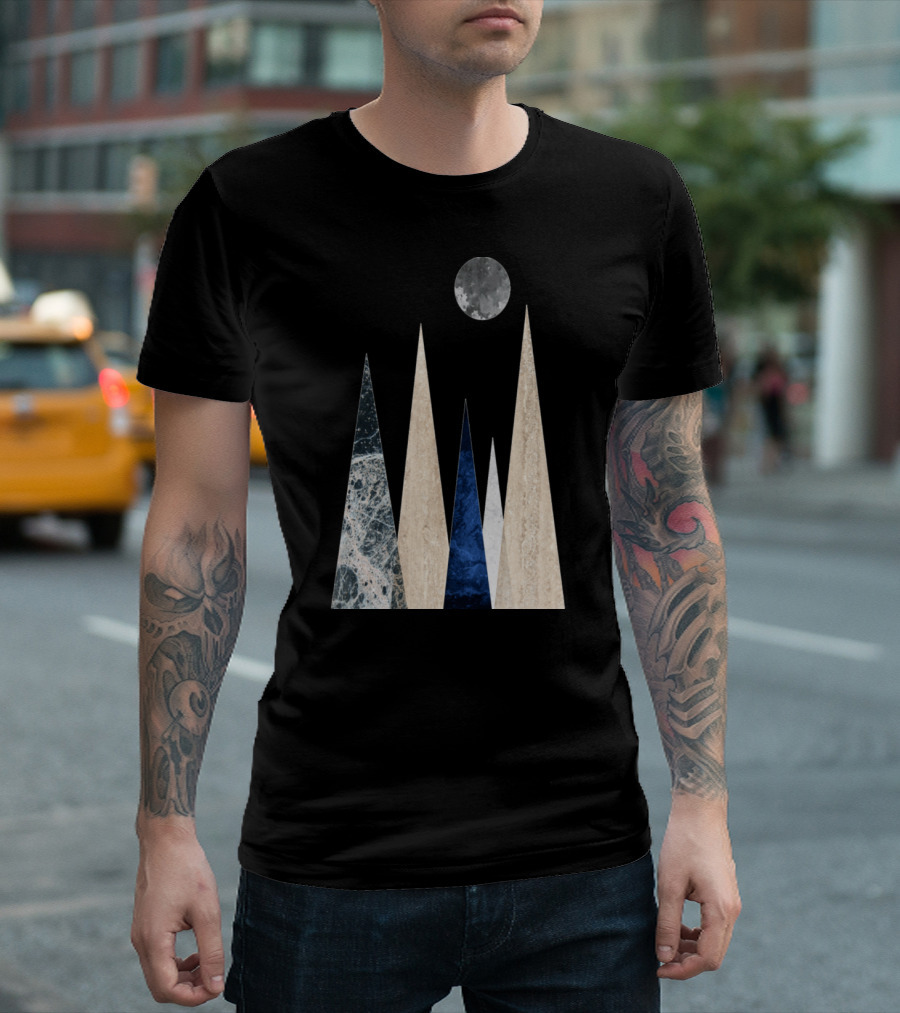 Scandi Mountain Scene With Marble And Blue Textured Peaks Under Moon T-Shirt