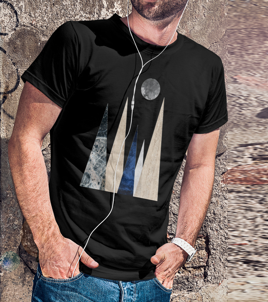 Scandi Mountain Scene With Marble And Blue Textured Peaks Under Moon T-Shirt